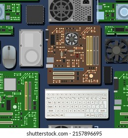 Pieza de repuesto para ordenador personal. Teclado y ratón. Patrón sin foco. Accesorios para PC o laptop. Memoria RAM de placa Unidad de disco duro de fuente de alimentación. Tarjeta madre y tarjeta de vídeo. Vector.