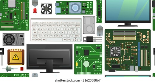 Ersatzteil für den PC. PC- oder Laptop-Zubehör. Hauptplatine RAM-Speicher. Festplatte des Netzteils. Tastatur, Maus und Monitor. Hauptplatine und Grafikkarte. Nahtloses Muster isoliert. Vektorgrafik.