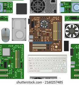 Spare part for personal computer. Seamless pattern. Board RAM memory. Power supply hard drive. PC or laptop accessories. Keyboard and mouse. Isolated on white. Motherboard and video card. Vector.