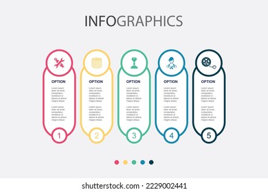 piezas de repuesto, filtro de aire, transmisión, técnico, inflar iconos de neumáticos plantilla de diseño infográfico. Concepto creativo con 5 pasos