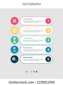 piezas de repuesto, filtro de aire, transmisión, técnico, inflar iconos de neumáticos plantilla de diseño infográfico. Concepto creativo con 5 pasos