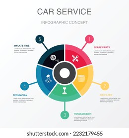 piezas de repuesto, filtro de aire, transmisión, técnico, inflar iconos de neumáticos plantilla de diseño infográfico. Concepto creativo con 5 pasos