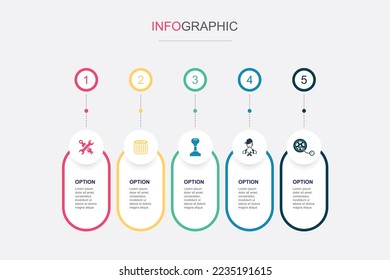 piezas de repuesto, filtro de aire, transmisión, técnico, inflar iconos de neumáticos plantilla de diseño infográfico. Concepto creativo con 5 pasos