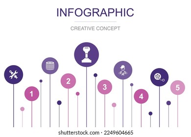 piezas de repuesto, filtro de aire, transmisión, técnico, inflado neumático, iconos Plantilla de diseño de diseño infográfico. Concepto de presentación creativa con 5 pasos