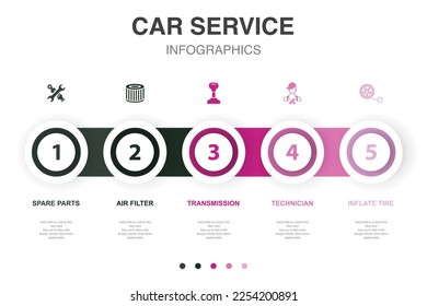 piezas de repuesto, filtro de aire, transmisión, técnico, inflado neumático, iconos Plantilla de diseño de diseño infográfico. Concepto de presentación creativa con 5 pasos