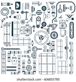 Spare parts for building machines, devices, apparatus in doodle style. Monochrome vector illustration.