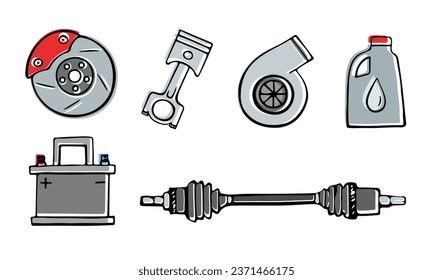 Spare parts. Car parts in doodle style. Vector clipart isolated on white background.