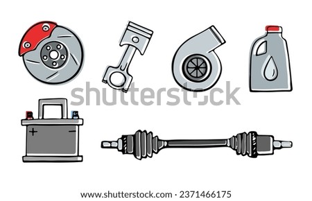 Spare parts. Car parts in doodle style. Vector clipart isolated on white background.