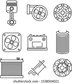 Spare parts of car icons in outline. Vector illustration of car details. Car parts in outlines.