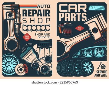 Spare parts and car service retro posters. Car maintenance shop flyer or poster, auto spare parts store, repair workshop vector banner with engine piston, tire and disc brake, spark plug, headlight