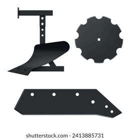 Spare parts components for agricultural plow machinery equipment for tillage set realistic vector illustration. Disc harrow for tractor cultivator black metal agriculture implement for soil farming