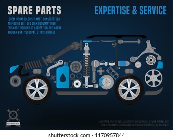 Spare parts, expertise and service poster. Landscape image useful for print, leaflet or brochure design. Editable vector illustration an grey, black and blue colors.