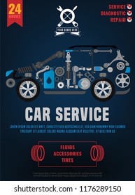 Spare parts, expertise and service poster. Portrait image useful for print, leaflet or brochure design. Editable vector illustration an grey, black, red and blue colors.