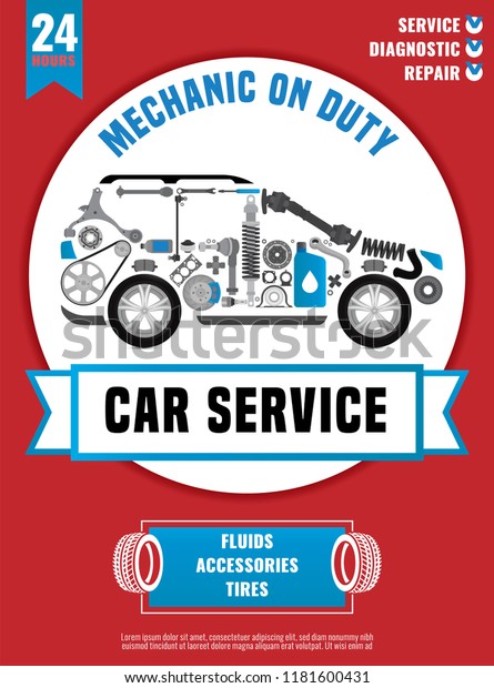 Spare parts, expertise\
and service poster. Portrait image useful for print, leaflet or\
brochure design. Editable vector illustration an grey, white, red\
and blue colors.