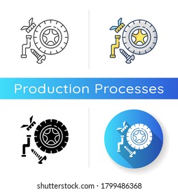 Icono de piezas de repuesto. Estilos de color negras y RGB lineales. Proceso de producción industrial, mantenimiento de automóviles. Servicio de reparación de automóviles. Ilustraciones vectoriales aisladas de ruedas y partes mecánicas