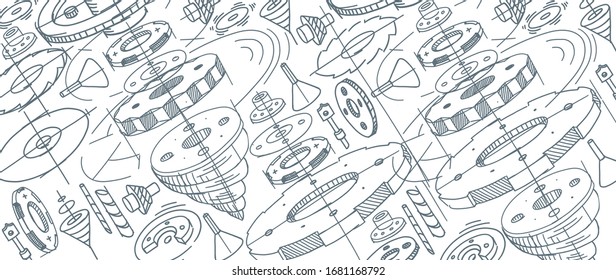 Spare parts machinery sketch. Gears wheels background. Hand drawn. On white background. Horizontal banner. Vector.