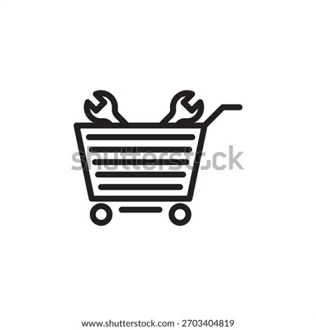 Spare Parts Ordering icon symbolizing maintenance procurement and inventory. Features a shopping cart with wrenches, representing MRO purchasing, supply chain, and resource acquisition.