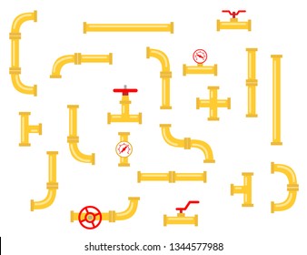 Spare parts for the pipeline. Pipe connectors made of metal and plastic, Industrial pipes for water, gas, oil. Сonnector pipeline, valve connection,  vector flat icons.