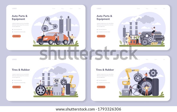 Spare parts
production industry web banner or landing page set. Tires and
rubber industry. Machinery and other industrial equipment. Vehicle
components. Isolated flat vector
illustration