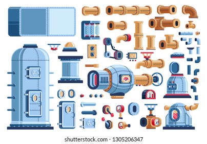 Spare parts for steampunk industrial machines - tanks, equipment, devices and pipes. Vector pseudo 3d illustration.