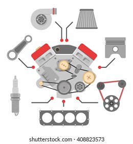 Spare Parts Vector Icon Set, Auto Parts, Engine Assembly Vector Illustration
