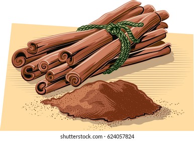 Spare tied cinnamon, and cinnamon powder.