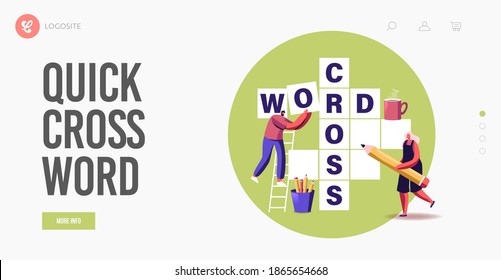 Spare Time, Brain Training, Puzzle Solving Landing Page Template. Tiny Characters Solve Huge Crossword Filling Empty Boxes with Letters. People Think on Riddle, Logic Game. Cartoon Vector Illustration