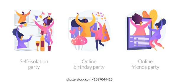 Spare time ideas for self-isolation in Covid-2019 quarantine icons set. Self-isolation party, online birthday party, online friends party metaphors. Vector isolated concept metaphor illustrations