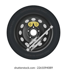 Spare tire and foldable cross wrench, realistic vector illustration on white background