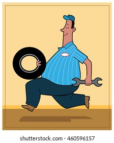 Spare Tire / A mechanic gets ready to install a new tire.