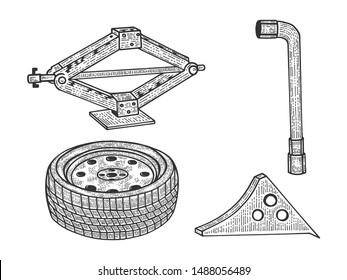 Spare tire and wheel replacement tools sketch engraving vector illustration. Scratch board style imitation. Black and white hand drawn image.