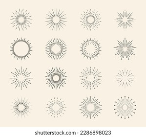 Spark burst, starburst set. Blast of star or sun, vintage circle logo or pattern, radiant beam, line flare. Retro hand drawn frames. Abstract outline flat badge. Vector garish graphic design