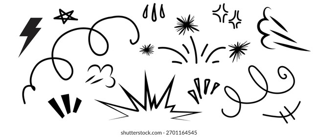 Spark comic emotion line set, manga movement emphasis. Doodle emphasis, attention effect elements, vector illustration