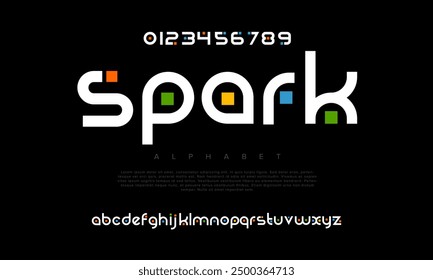 Spark creative modern geometric urban alphabet font. Digital abstract futuristic, game, techno, robot, music, logo, sport, minimal technology typography. Simple numeric vector illustration