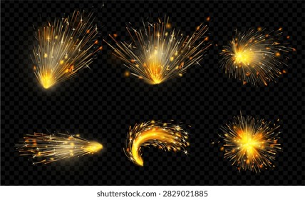 Spark fires weld lights effect with glowing particle streams. Radiant flare with luminous ember, fiery burst and dynamic energy trail. Vector cinematic fantasy composition or celebration artwork
