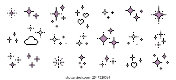 Elementos abstratos do jogo de faísca brilhante. Pixel art star glitter pack. Ícone de brilho de estrela. Ilustração de vetor editável Sparkle. O humor da estética dos anos 90. Estilo retrô de 8 bits. Forma geométrica simples