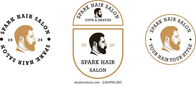 Spark hair salon vintage logo, haircut men style logo design template. 