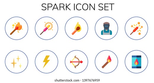 spark icon set. 10 flat spark icons.  Collection Of - matches, sparkles, sparkler, flash, match, arc, welder