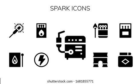 spark icon set. 9 filled spark icons.  Simple modern icons such as: Welder, Flash, Matches, Match, Sparkler, Arc