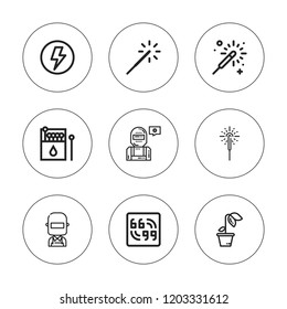 Spark icon set. collection of 9 outline spark icons with flash, matches, spark, sparkler, welder icons. editable icons.