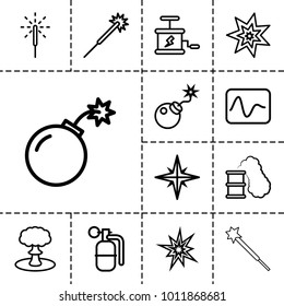 Spark icons. set of 13 editable outline spark icons such as sparklers, explode, electricity, bomb, sparkler, dynamite, explosion