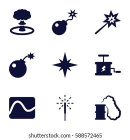 spark icons set. Set of 9 spark filled icons such as bomb, sparkler, dynamite, explosion, smoking can, electricity
