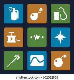 spark icons set. Set of 9 spark filled icons such as sparklers, bomb, dynamite, explosion, smoking can