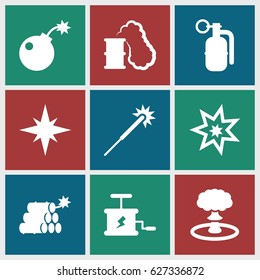 Spark icons set. set of 9 spark filled icons such as sparklers, bomb, dynamite, explosion