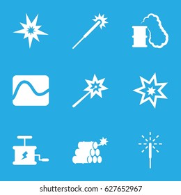 Spark icons set. set of 9 spark filled icons such as sparklers, sparkler, dynamite, explosion, smoking can, explode
