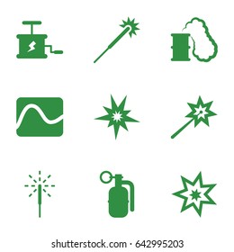 Spark icons set. set of 9 spark filled icons such as sparklers, sparkler, dynamite, explosion, smoking can, explode