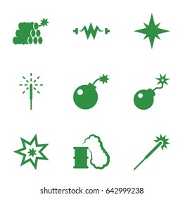 Spark icons set. set of 9 spark filled icons such as sparklers, bomb, sparkler, dynamite, explosion, smoking can