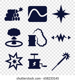 Spark icons set. set of 9 spark filled icons such as sparklers, dynamite, explosion, smoking can