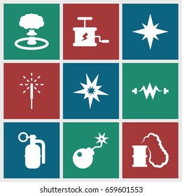 Spark icons set. set of 9 spark filled icons such as bomb, sparkler, dynamite, explosion, smoking can, explode
