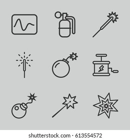 Spark icons set. set of 9 spark outline icons such as sparklers, bomb, sparkler, dynamite, explosion